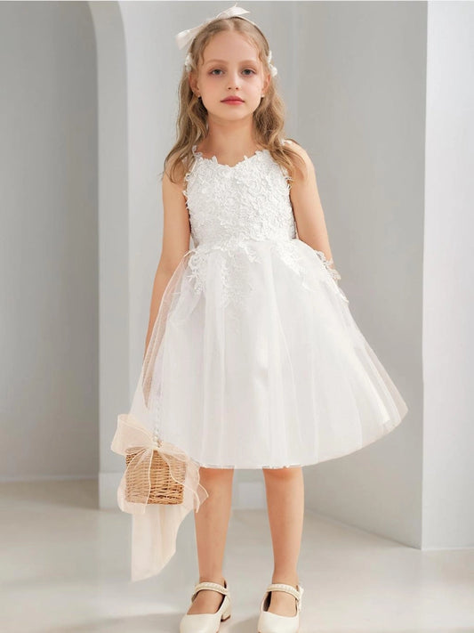 Elegant A-Line Lace Neck Sleeveless Bow Back Knee-Length Flower Girl Dress