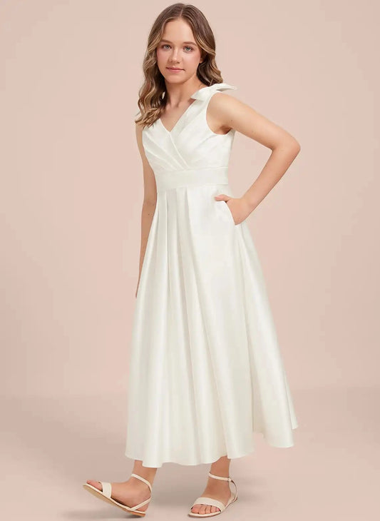 Elegant A Line V Neck Sleeveless Deep V Back Junior Bridesmaid Dress