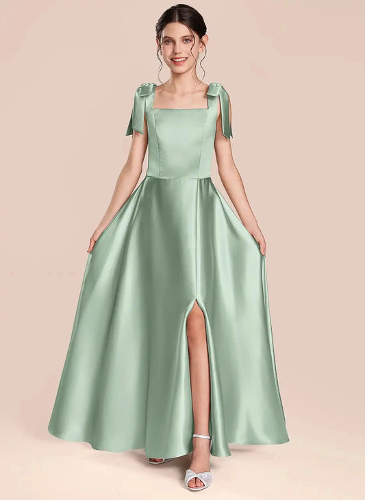 Elegant A Line Square Neck Bow Sleeveless Low Back Floor Length Junior Bridesmaid Dress