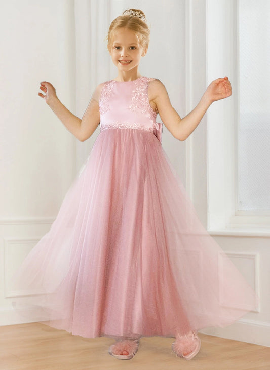 Elegant A Line Round Neck Sleeveless V Back Floor Length Flower Girl Dress