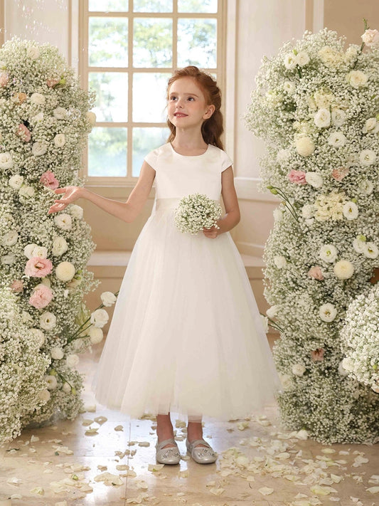 Elegant A?Line Round Neck Cap Sleeve V?Back Ankle Length First Communion Dress