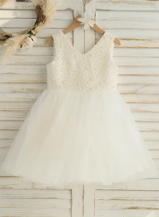 Elegant A-Line V-Neck Sleeveless V-Back Knee-Length Flower Girl Dress