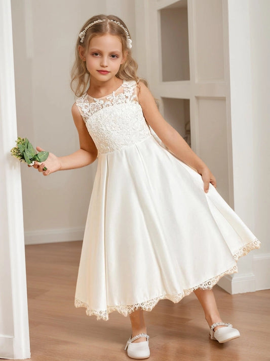 Elegant A-Line Illusion Neck Sleeveless V-Back Tea-Length Flower Girl Dress