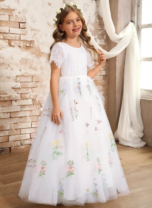 Elegant A Line Round Neck Lace Sleeve Long Communion Dress