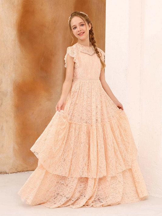 Elegant A?Line High Neck Flutter Sleeve Zipper?Back Floor?Length Junior Bridesmaid Dress