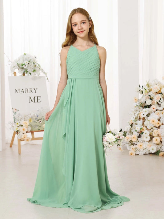 Elegant A?Line V?Neck Sleeveless Tie Back Floor?Length Junior Bridesmaid Dress