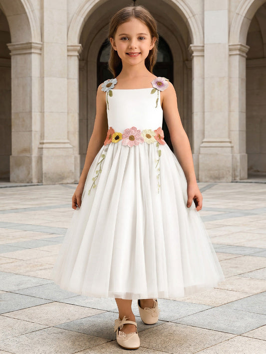 Romantic A?Line Square?Neck Sleeveless Zipper?Back Midi?Length Flower Girl dress