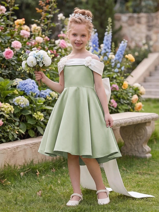 Elegant A-Line Off-Shoulder Sleeveless Bow Back Knee-Length Flower Girl Dress
