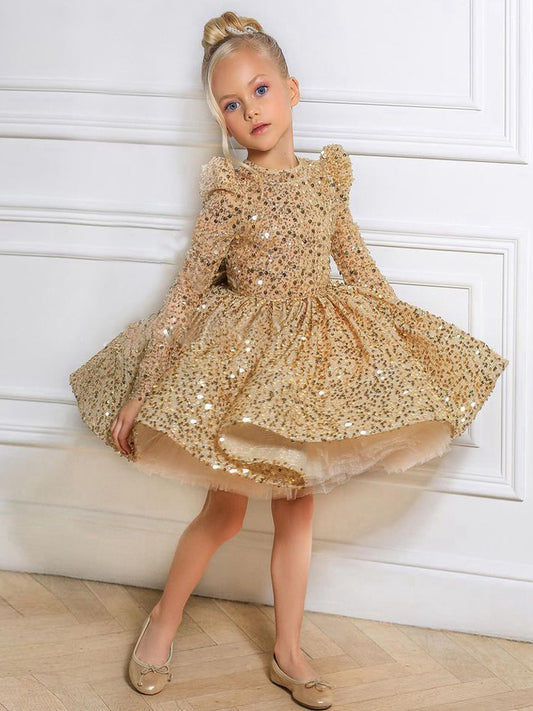 Glamorous A-Line Round Neck Long Sleeve Bow Back Christmas Flower Girl Dress