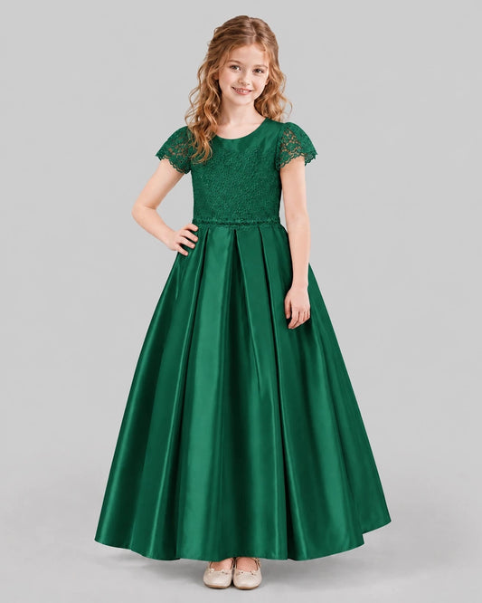 Elegant Ball Gown Round Neck Lace Sleeves Bow Back Floor Length Junior Bridesmaid Dress