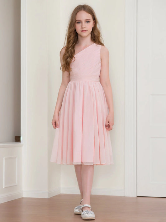 Blush A?Line One?Shoulder Sleeveless Zipper?Back Midi Junior Bridesmaid Dress