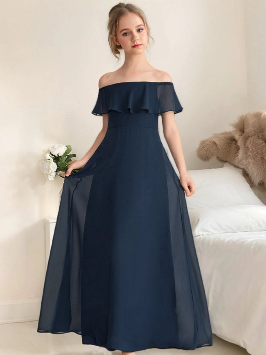 Elegant A?Line Off?The?Shoulder Flutter Sleeve Zipper?Back Maxi Junior Bridesmaid Dress