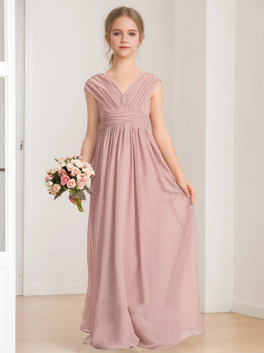Elegant A?Line V?Neck Cap?Sleeve Tie?Back Floor?Length Junior Bridesmaid Dress