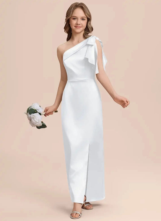 Elegant Column One Shoulder Ruffle Zip Back Floor Length Junior Bridesmaid Dress