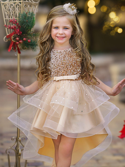 Sparkly A-Line Round Neck Sleeveless Bow Back High-Low Flower Girl Dresses