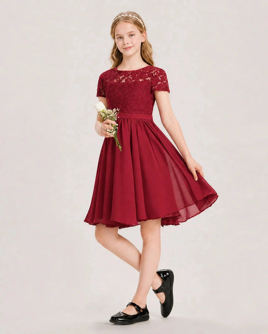 Elegant A Line Round Neck Short Sleeve Keyhole Knee Length Flower Girl Dress
