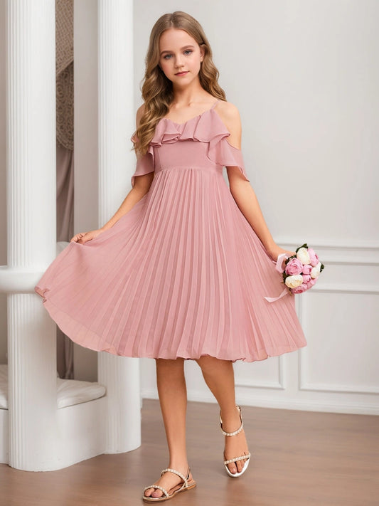 Dusty Pink A?Line Cold Shoulder Off Shoulder Ruffle Sleeves V?Back Midi Junior Bridesmaid Dress >