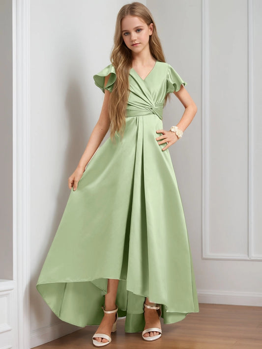Elegant A?Line V?Neck Flutter Sleeve Zip?Back Hi?Lo Junior Bridesmaid Dress