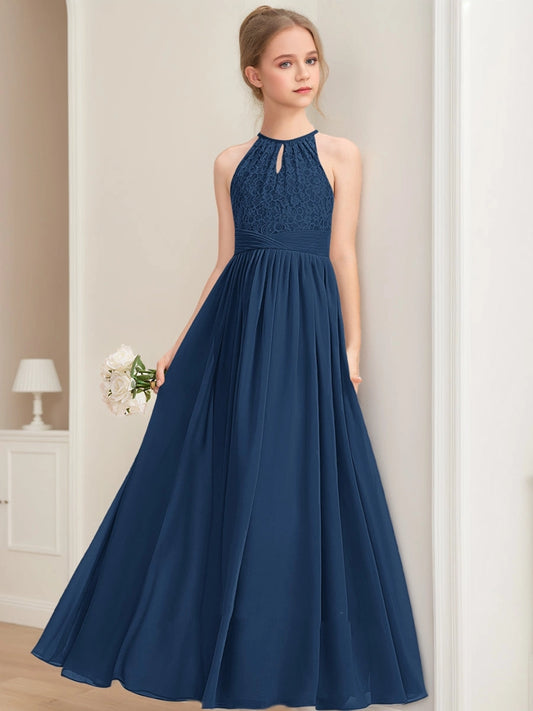 Elegant A?Line Halter Sleeveless Keyhole Back Floor?Length Junior Bridesmaid Dress