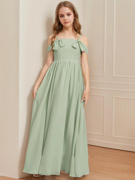 Elegant A?Line Square Cold?Shoulder Zipper?Back Maxi Junior Bridesmaid Dress