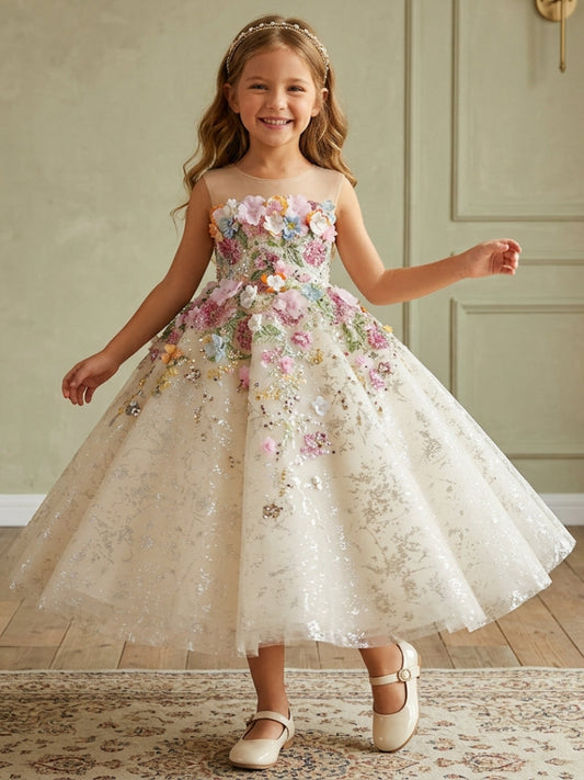 Romantic A?Line Illusion Neck Sleeveless Keyhole?Back Tea?Length Flower Girl dress