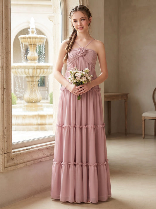 Dusty Pink A?Line Spaghetti Straps Sleeveless Zipper?Back Maxi Junior Bridesmaid Dress
