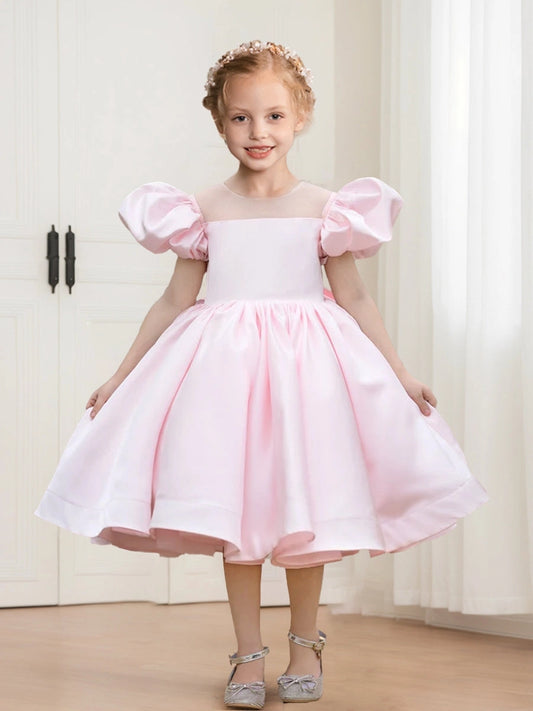 Elegant A Line Round Neck Puff Sleeve Bow Back Tea Length Flower Girl Dress