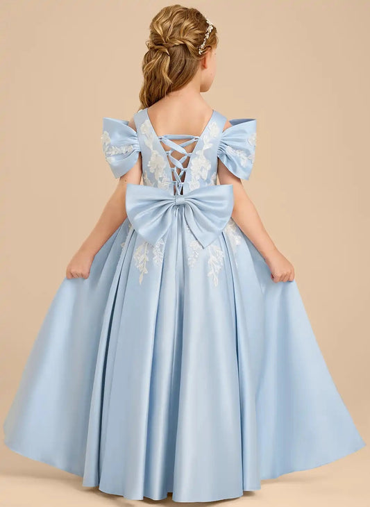 Elegant A Line Square Neck Bow Sleeve Lace Up Floor Length Flower Girl Dress