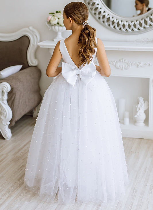 Elegant A?Line V?Neck Sleeveless Deep?V?Back Floor?Length Flower Girl dress