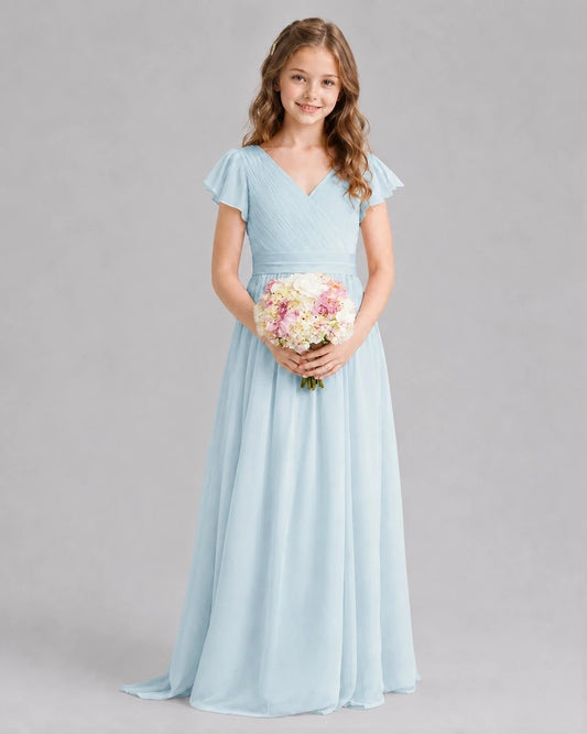 Elegant A-Line V-Neck Flutter Sleeve V-Back Floor-Length Flower Girl Dress