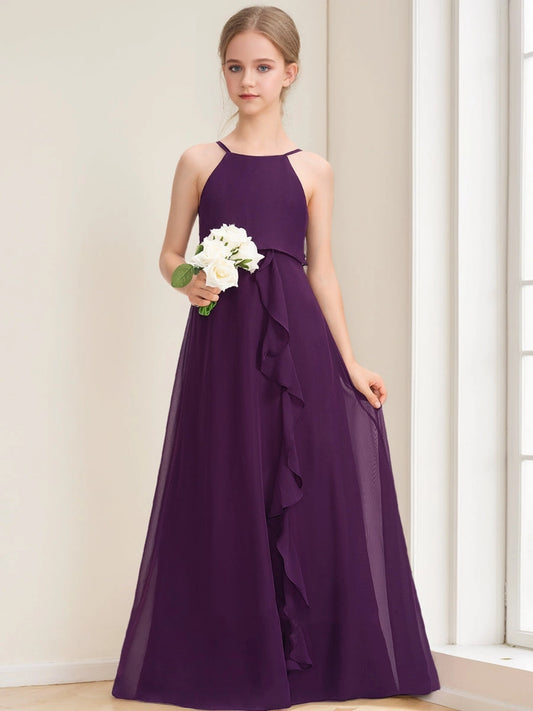 Heowos Halter Open Back Junior Bridesmaid Dress Chiffon Floor Length Gown