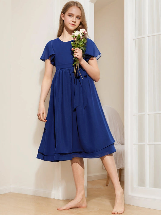 Elegant A?Line Round Neck Flutter Sleeve Zip?Back Midi Junior Bridesmaid Dress