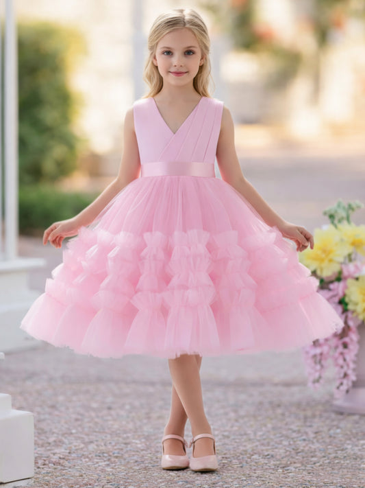Elegant Ball Gown V-Neck Sleeveless Bow Back Tulle Flower Girl Dress