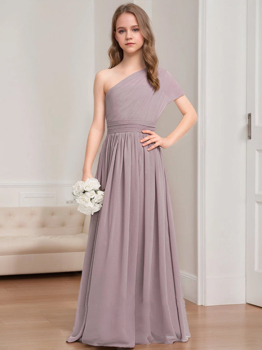 Elegant A?Line One?Shoulder Flutter Sleeve Open Back Floor?Length Junior Bridesmaid Dress