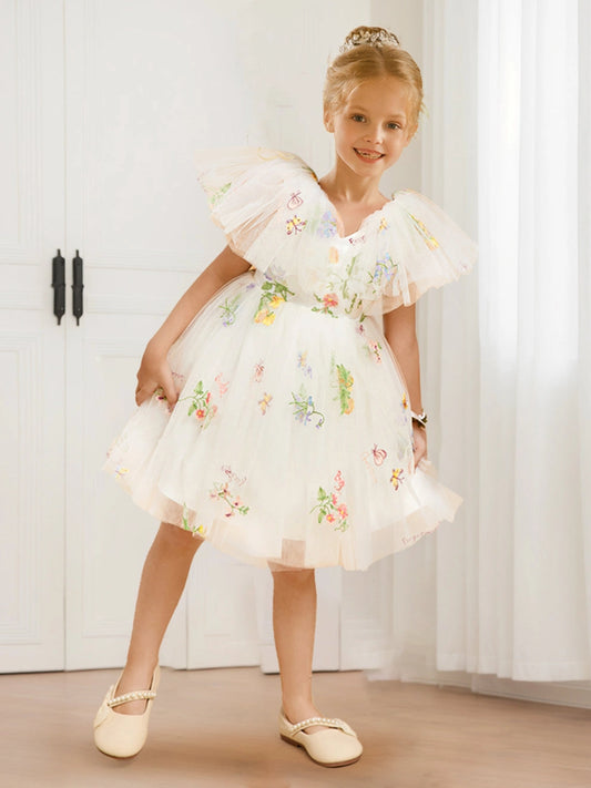 Whimsical A Line V Neck Flutter Sleeve V Back Knee Length Flower Girl Dress