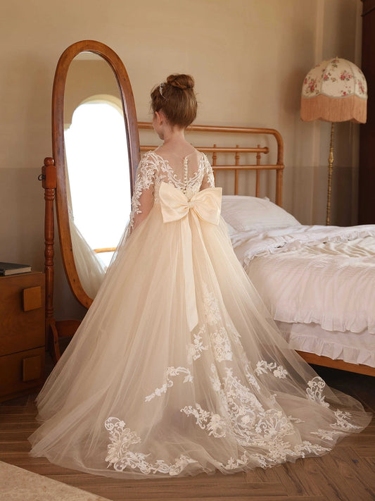 Elegant A-Line Illusion Neck Long Sleeve Bow Back Floor-Length Flower Girl Dress