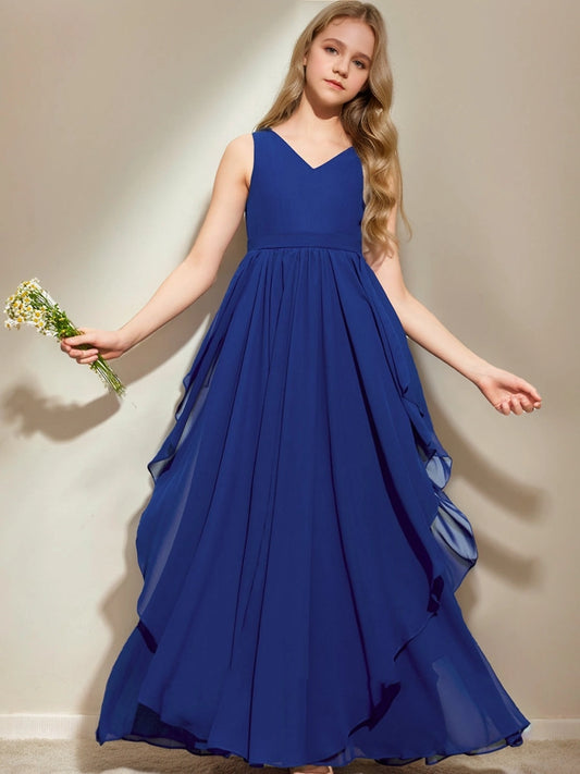 Elegant A?Line V?Neck Sleeveless V?Back Floor?Length Junior Bridesmaid Dress