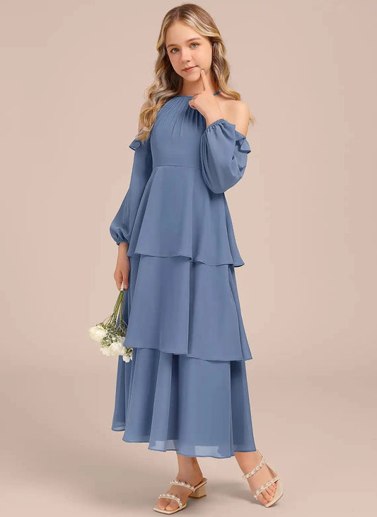 Elegant A Line Halter Cold Shoulder Zip Back Maxi Girls Dress Junior Bridesmaid Dresses