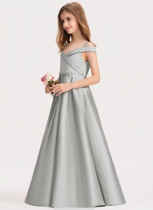 Elegant A Line V Neck Off Shoulder V Back Floor Length Girls Formal Dress