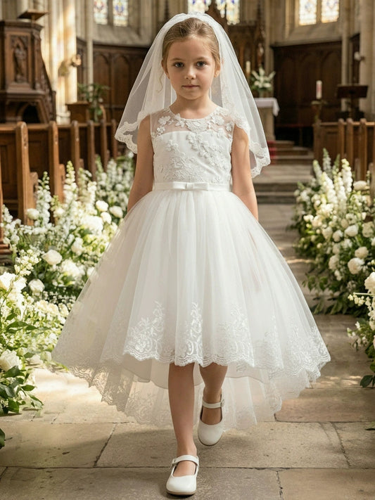 White Lace Veil Flower Girl Dress With Embroidered Tulle Skirt