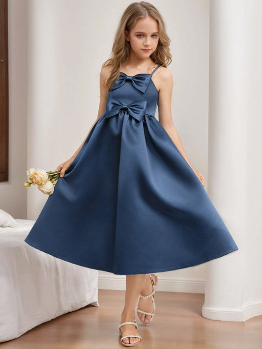 Elegant A?Line Spaghetti Strap Sleeveless Zipper?Back Midi Junior Bridesmaid Dress