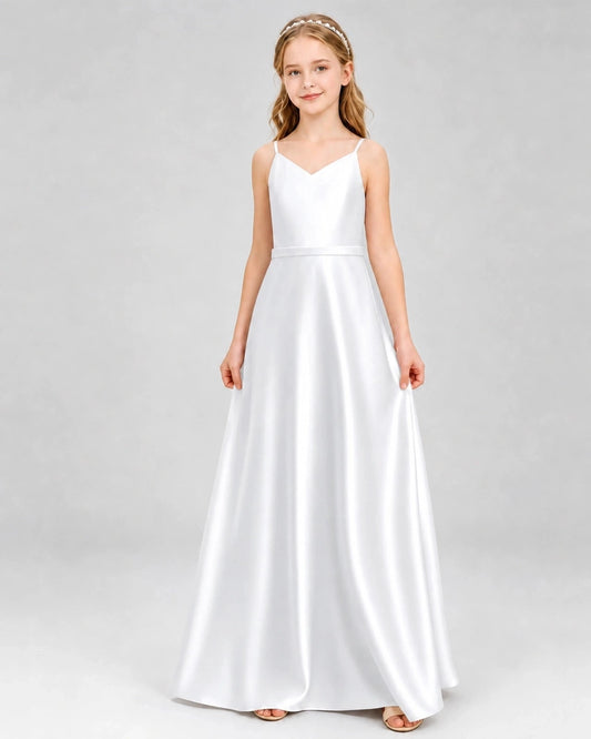 Elegant A-Line V-Neck Spaghetti Strap Low-Back Floor-Length Junior Bridesmaid Dress