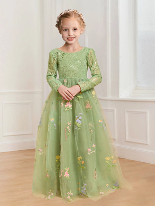 Enchanting A Line Round Neck Long Sleeve V Back Floor Length Flower Girl Dress