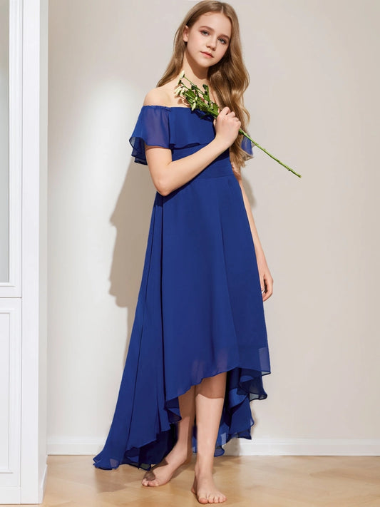 Elegant A?Line Off?Shoulder Flutter Sleeve Zipper?Back High?Low Junior Bridesmaid Dress
