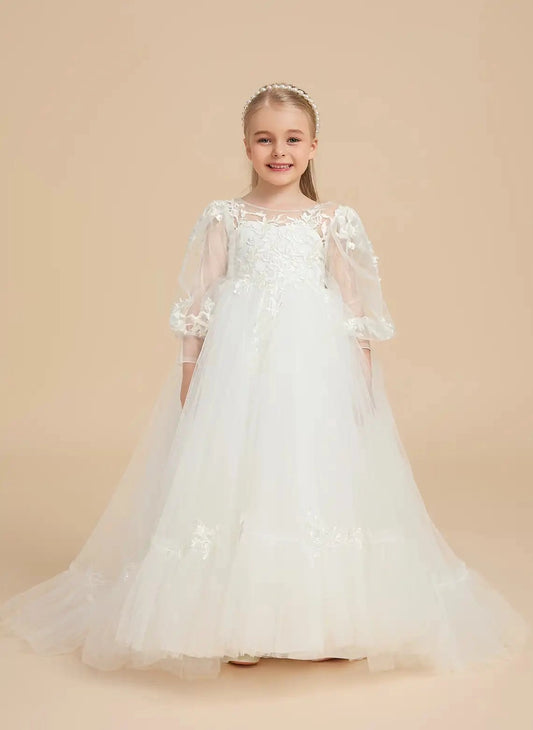 Elegant A Line Illusion Neck Puff Sleeve Button Back Floor Length Flower Girl Dress