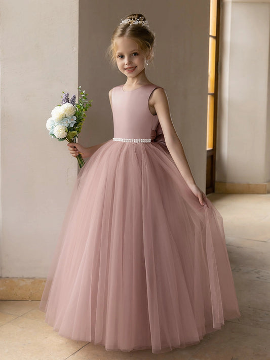 Elegant Ball Gown Round Neck Sleeveless V Back Floor Length Flower Girl Dress