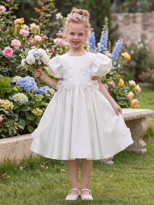 Elegant A-Line Round Neck Puff Sleeve V-Back Tea-Length Flower Girl Dress
