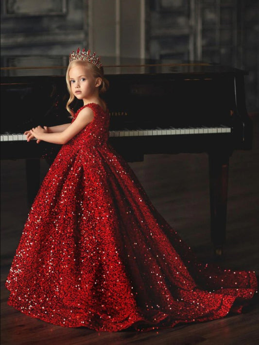 Glamorous Ball Gown V-Neck Sleeveless Full Back Court Train Pageant Dresses