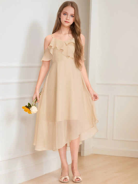 Elegant A-Line Spaghetti Strap Cold Shoulder Zip Back Midi Bridesmaid Dress