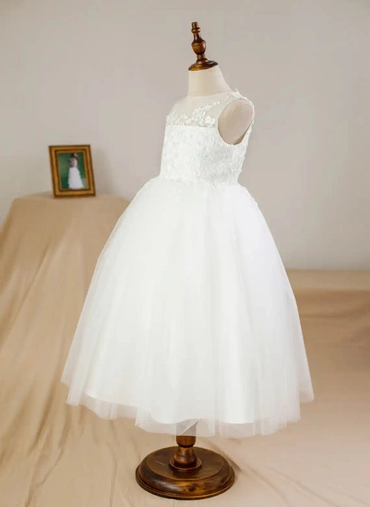 Elegant A-Line Illusion Neck Sleeveless Zipper Back Tea-Length Flower Girl Dress